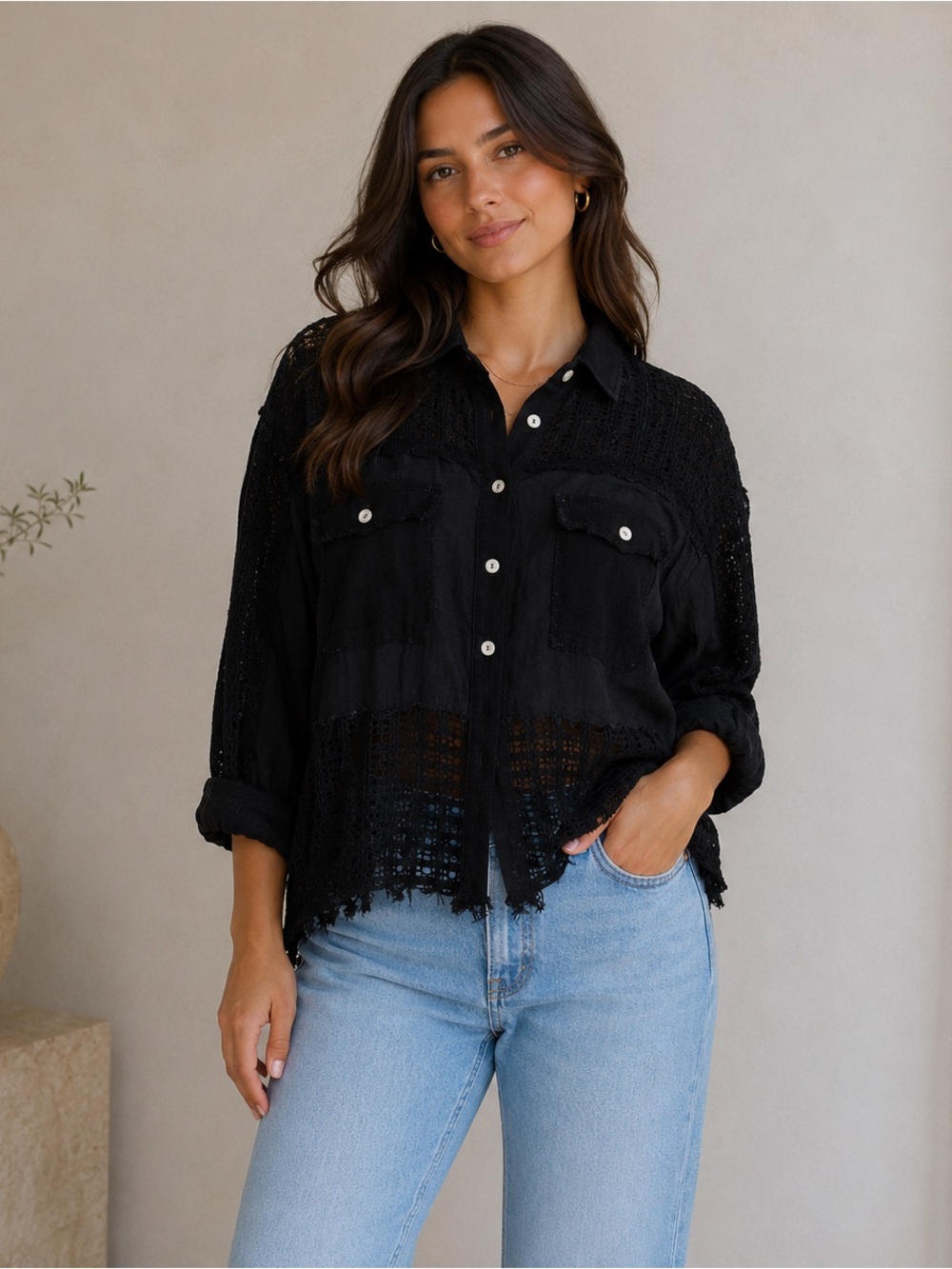 Hyfve Black Crochet Open Knit Button Up Top Size Large